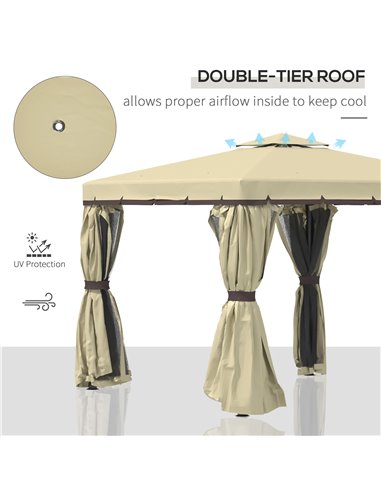 Outsunny 3x3m Gazebo with 2-Tier Water Repellent Roof, Mosquito Netting, Beige