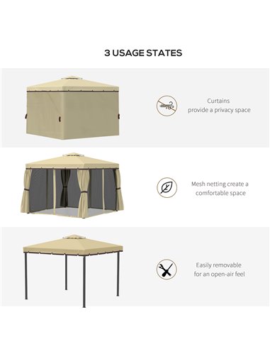 Outsunny 3x3m Gazebo with 2-Tier Water Repellent Roof, Mosquito Netting, Beige