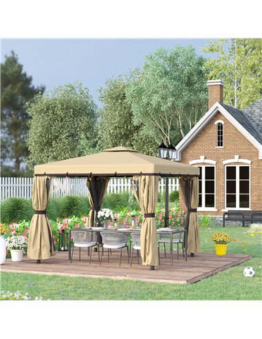 Outsunny 3x3m Gazebo with 2-Tier Water Repellent Roof, Mosquito Netting, Beige