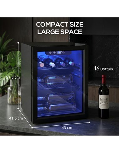 HOMCOM 16 Bottle Wine Cooler, 48 Litre Capacity, 4-16°C Tabletop Counter Drinks Wine Fridge with Glass Door, LED Light, Black