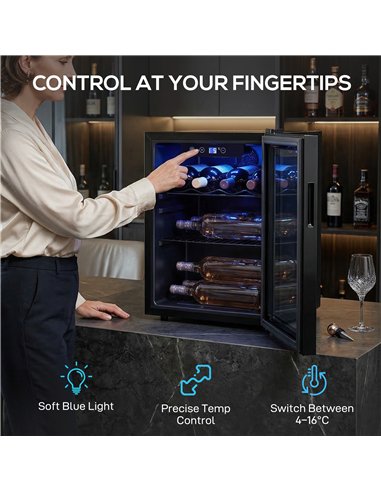 HOMCOM 16 Bottle Wine Cooler, 48 Litre Capacity, 4-16°C Tabletop Counter Drinks Wine Fridge with Glass Door, LED Light, Black