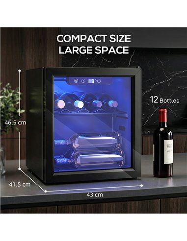 HOMCOM 12 Bottle Wine Cooler, 36 Litre Capacity, 4-16°C Tabletop Drinks Wine Fridge with Glass Door, LED Light, Black