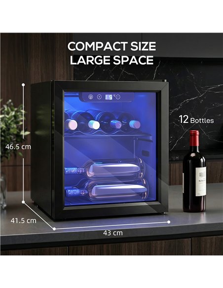 HOMCOM 12 Bottle Wine Cooler, 36 Litre Capacity, 4-16°C Tabletop Drinks Wine Fridge with Glass Door, LED Light, Black - pic 193119 | FastDaddyshop