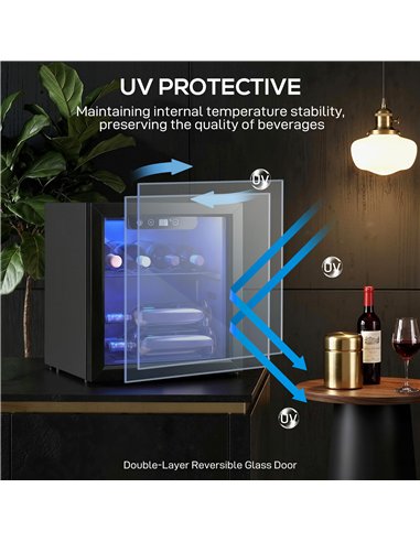 HOMCOM 12 Bottle Wine Cooler, 36 Litre Capacity, 4-16°C Tabletop Drinks Wine Fridge with Glass Door, LED Light, Black