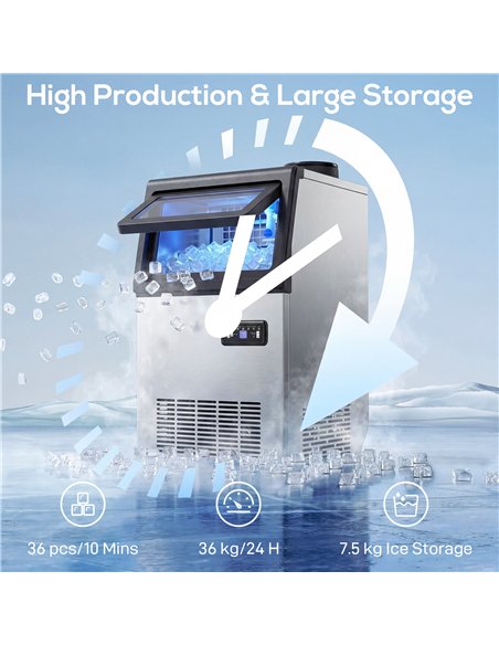 HOMCOM Commercial Ice Maker Machine, 36kg/24H Stainless Steel Under Counter or Freestanding Ice Machine, Silver - pic 193138 | FastDaddyshop