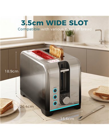 HOMCOM 2 Slice Toaster with 7 Browning Levels, Reheat, Defrost and Cancel Functions