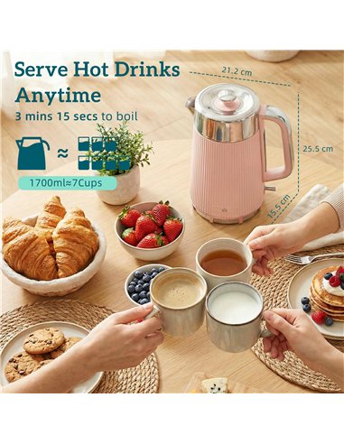 HOMCOM Electric Stainless Steel Kettle and Toaster Set, 3000W 1.7L UK Strix Thermostat Fast Boil Kettle Pink