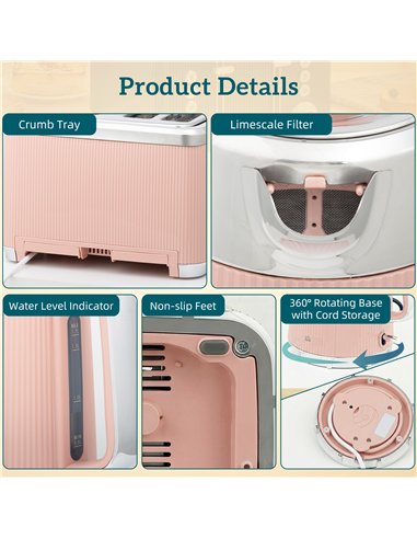 HOMCOM Electric Stainless Steel Kettle and Toaster Set, 3000W 1.7L UK Strix Thermostat Fast Boil Kettle Pink