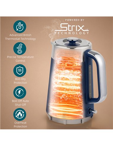 HOMCOM Electric Stainless Steel Kettle and Toaster Set, 3000W 1.7L UK Strix Thermostat Dark Blue