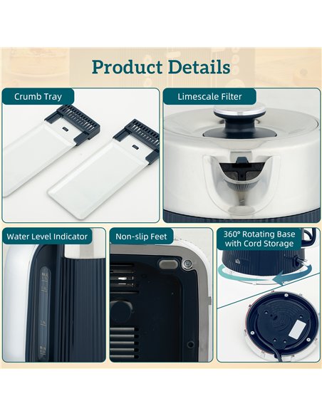 HOMCOM Electric Stainless Steel Kettle and Toaster Set, 3000W 1.7L UK Strix Thermostat Dark Blue - pic 193179 | FastDaddyshop