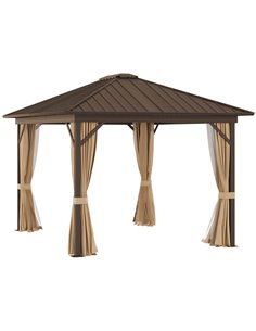 Outsunny 3.6x3m Hardtop Gazebo with Aluminum Frame, Mesh Nettings, Curtains, Brown