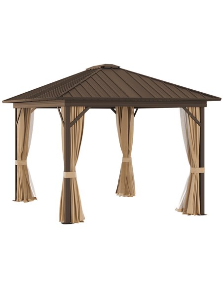 Outsunny 3.6x3m Hardtop Gazebo with Aluminum Frame, Mesh Nettings, Curtains, Brown - pic 19321 | FastDaddyshop