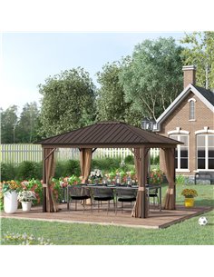 Outsunny 3.6x3m Hardtop Gazebo with Aluminum Frame, Mesh Nettings, Curtains, Brown 2