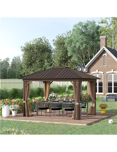 Outsunny 3.6x3m Hardtop Gazebo with Aluminum Frame, Mesh Nettings, Curtains, Brown