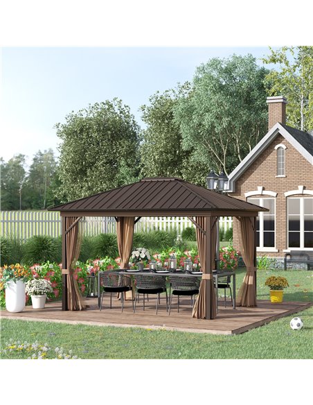 Outsunny 3.6x3m Hardtop Gazebo with Aluminum Frame, Mesh Nettings, Curtains, Brown - pic 19322 | FastDaddyshop