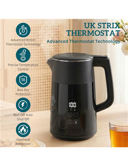 HOMCOM Electric Kettle, 1.7L Fast Boil 3kW Water Kettle with UK Strix Thermostat, LED Display, Keep Warm Function, Black - pic 193229 | FastDaddyshop