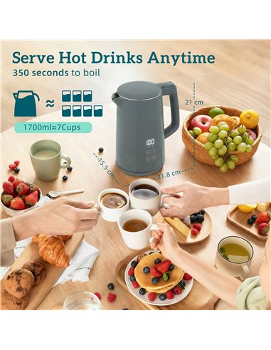 HOMCOM Electric Kettle, 1.7L Fast Boil 3kW Water Kettle with UK Strix Thermostat, LED Display, Keep Warm Function, Grey
