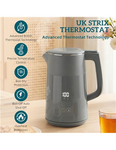HOMCOM Electric Kettle, 1.7L Fast Boil 3kW Water Kettle with UK Strix Thermostat, LED Display, Keep Warm Function, Grey