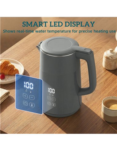 HOMCOM Electric Kettle, 1.7L Fast Boil 3kW Water Kettle with UK Strix Thermostat, LED Display, Keep Warm Function, Grey