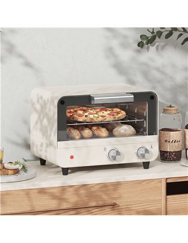 HOMCOM Mini Oven, Small Toaster Oven with Glass Door, Adjustable Temperature and Timer, Accessory Included, 750W, Cream White