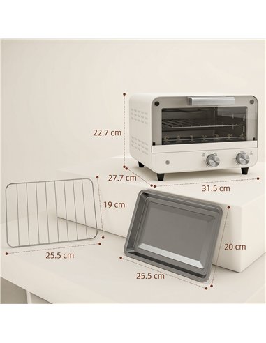 HOMCOM Mini Oven, Small Toaster Oven with Glass Door, Adjustable Temperature and Timer, Accessory Included, 750W, Cream White