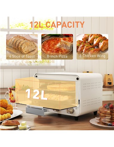 HOMCOM Mini Oven, Small Toaster Oven with Glass Door, Adjustable Temperature and Timer, Accessory Included, 750W, Cream White