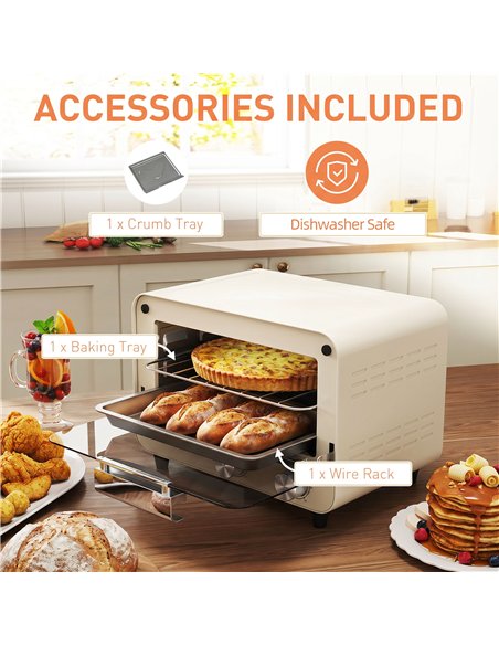 HOMCOM Mini Oven, Small Toaster Oven with Glass Door, Adjustable Temperature and Timer, Accessory Included, 750W, Cream White - pic 193257 | FastDaddyshop