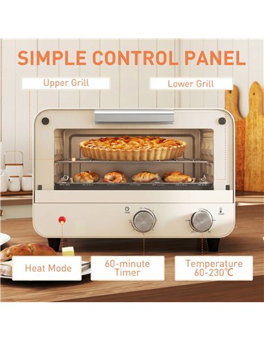 HOMCOM Mini Oven, Small Toaster Oven with Glass Door, Adjustable Temperature and Timer, Accessory Included, 750W, Cream White