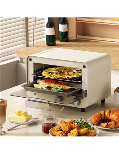 HOMCOM Mini Oven, Small Toaster Oven with Glass Door, Adjustable Temperature and Timer, Accessory Included, 750W, Cream White