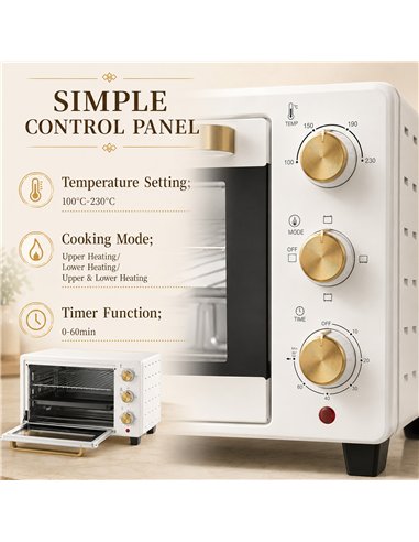 HOMCOM 21L Mini Countertop Oven, 100°C-230°C Adjustable Temperature, White