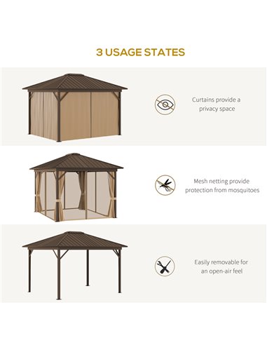 Outsunny 3.6x3m Hardtop Gazebo with Aluminum Frame, Mesh Nettings, Curtains, Brown