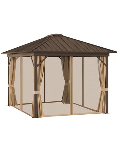 Outsunny 3.6x3m Hardtop Gazebo with Aluminum Frame, Mesh Nettings, Curtains, Brown