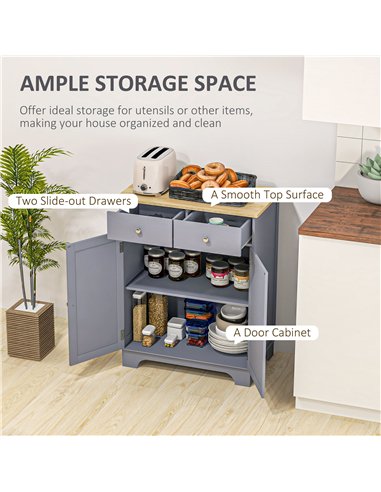 HOMCOM Side Storage Multi-use Sideboard Table Kitchen Floor Cabinet with Solid Wood Top, Adjustable Shelf, Drawer, Grey