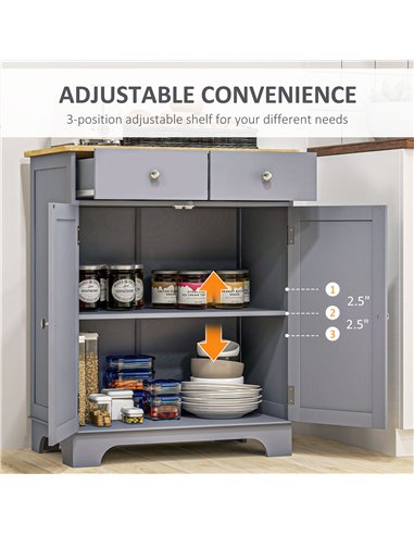 HOMCOM Side Storage Multi-use Sideboard Table Kitchen Floor Cabinet with Solid Wood Top, Adjustable Shelf, Drawer, Grey