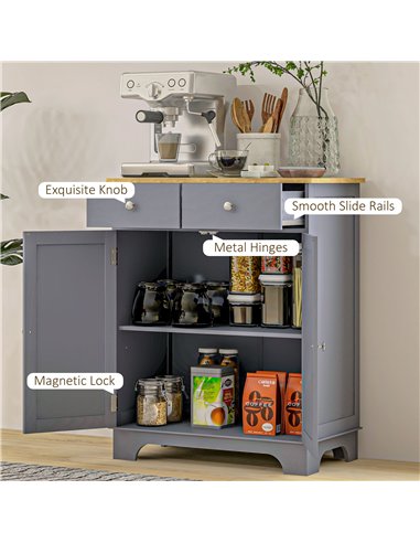 HOMCOM Side Storage Multi-use Sideboard Table Kitchen Floor Cabinet with Solid Wood Top, Adjustable Shelf, Drawer, Grey
