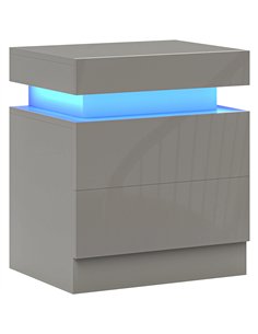 HOMCOM Grey Bedside Table with LED Light, High Gloss Front Nightstand with 2 Drawers, for Living Room, Bedroom