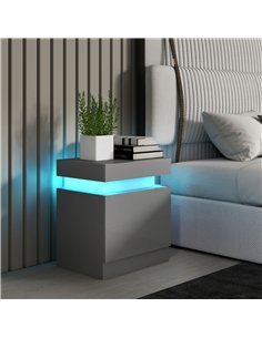 HOMCOM Grey Bedside Table with LED Light, High Gloss Front Nightstand with 2 Drawers, for Living Room, Bedroom 2
