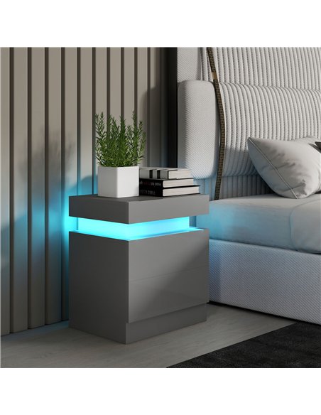 HOMCOM Grey Bedside Table with LED Light, High Gloss Front Nightstand with 2 Drawers, for Living Room, Bedroom - pic 193298 | FastDaddyshop