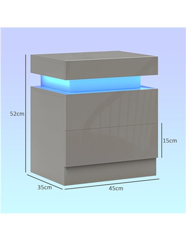 HOMCOM Grey Bedside Table with LED Light, High Gloss Front Nightstand with 2 Drawers, for Living Room, Bedroom