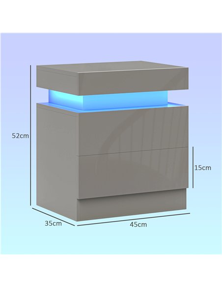 HOMCOM Grey Bedside Table with LED Light, High Gloss Front Nightstand with 2 Drawers, for Living Room, Bedroom - pic 193299 | FastDaddyshop