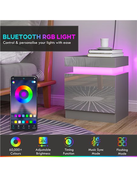 HOMCOM Grey Bedside Table with LED Light, High Gloss Front Nightstand with 2 Drawers, for Living Room, Bedroom - pic 193300 | FastDaddyshop