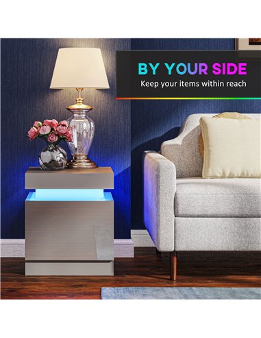 HOMCOM Grey Bedside Table with LED Light, High Gloss Front Nightstand with 2 Drawers, for Living Room, Bedroom