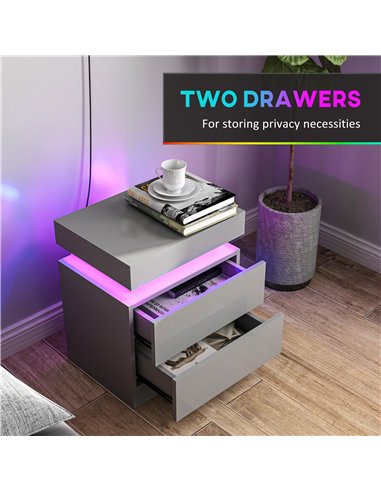 HOMCOM Grey Bedside Table with LED Light, High Gloss Front Nightstand with 2 Drawers, for Living Room, Bedroom