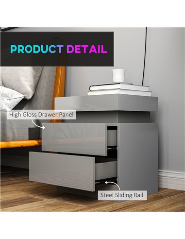 HOMCOM Grey Bedside Table with LED Light, High Gloss Front Nightstand with 2 Drawers, for Living Room, Bedroom