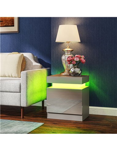 HOMCOM Grey Bedside Table with LED Light, High Gloss Front Nightstand with 2 Drawers, for Living Room, Bedroom