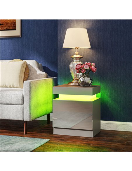 HOMCOM Grey Bedside Table with LED Light, High Gloss Front Nightstand with 2 Drawers, for Living Room, Bedroom - pic 193305 | FastDaddyshop