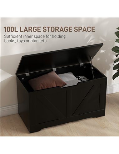 HOMCOM 100L Home Storage Box, with Safety Hinge - Black Wood-Effect