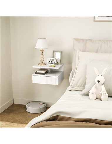 HOMCOM Floating High Gloss Bedside Table - High Gloss White