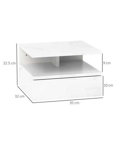HOMCOM Floating High Gloss Bedside Table - High Gloss White