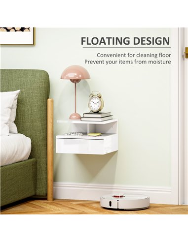 HOMCOM Floating High Gloss Bedside Table - High Gloss White